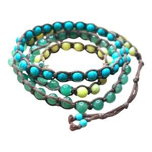 Polished Gemstones Wrap Bracelet Brown Cord Boho Earth Tones Green Yellow Blue